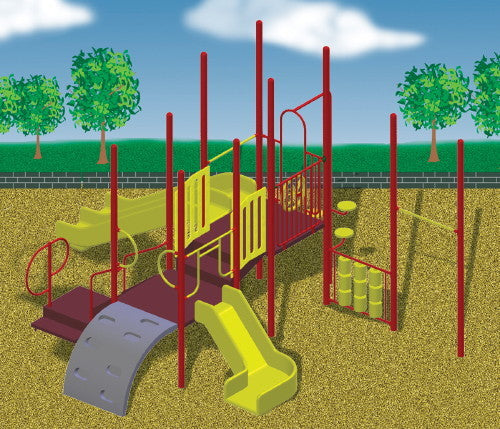 Modular playground with red steel posts, yellow slides, climbing wall, and interactive play panels on mulch surface