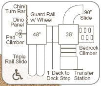 Modular playground with multiple slides, climbers, decks, transfer station, dinosaur panel, and climbing features