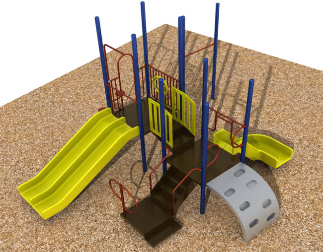 Miss Lindsey Modular Playground with triple rail slide, climbing wall, decks, guard rail with wheel, and transfer station on wood chip ground