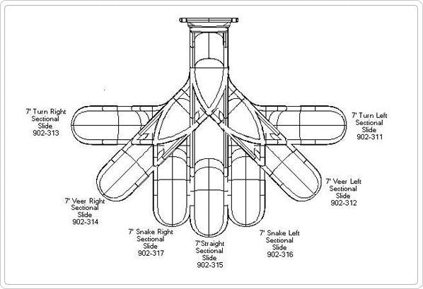 Overhead view of multiple 7-foot sectional playground slides with high safety sides in various curved configurations