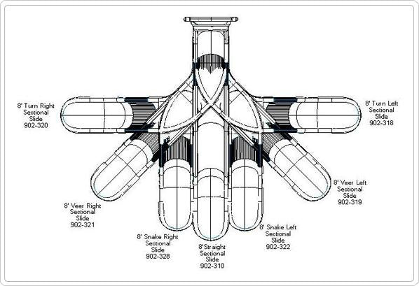 Overhead view of multiple 8-foot sectional playground slides in symmetrical turn, veer, and snake configurations