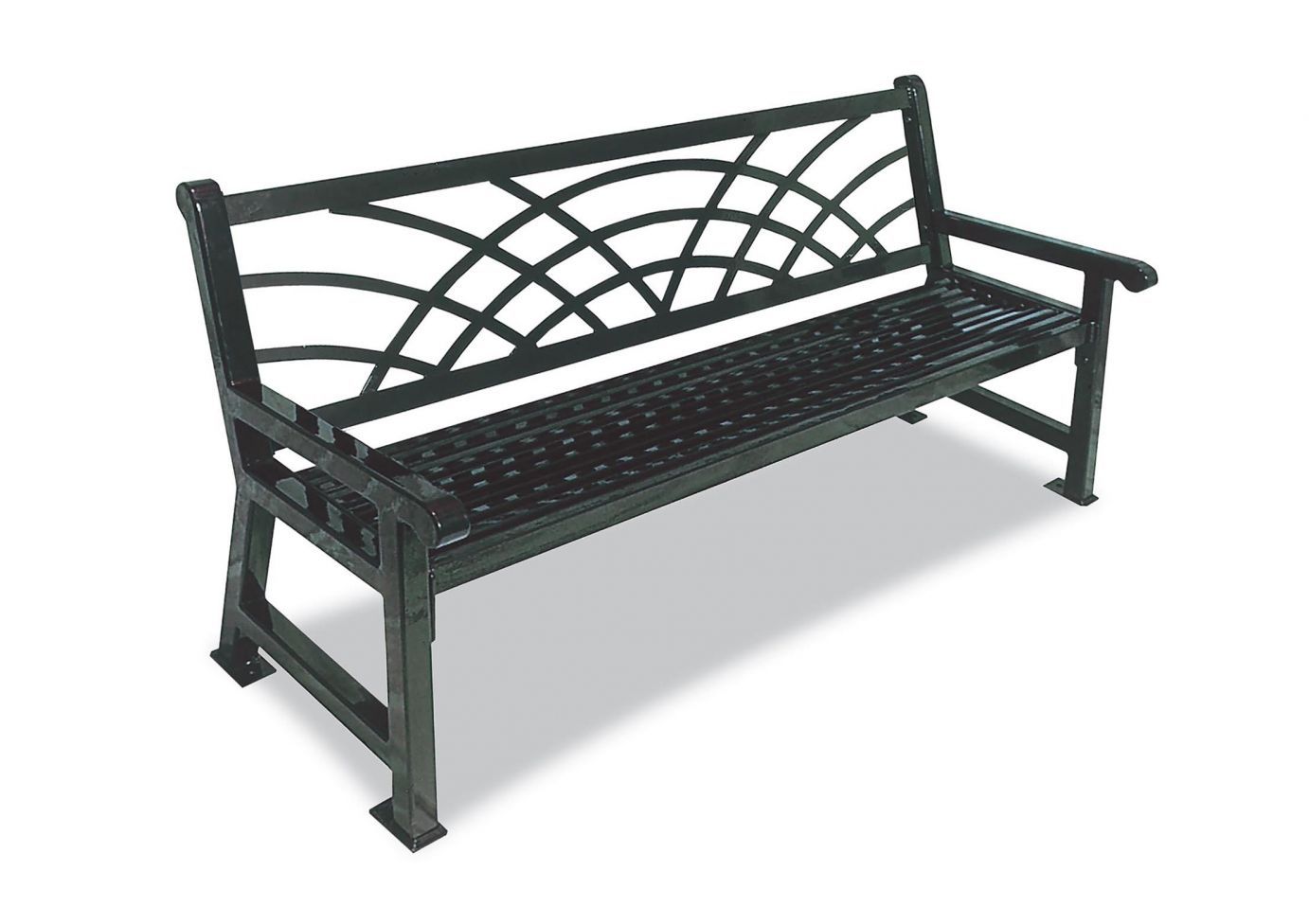 Savannah Morning Bench with black metal frame, decorative curved backrest, and slatted seat for outdoor use