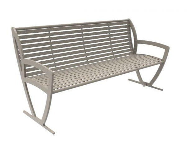 Augusta Bench with Back, sleek powder-coated metal park bench with horizontal slats, curved armrests, outdoor seating