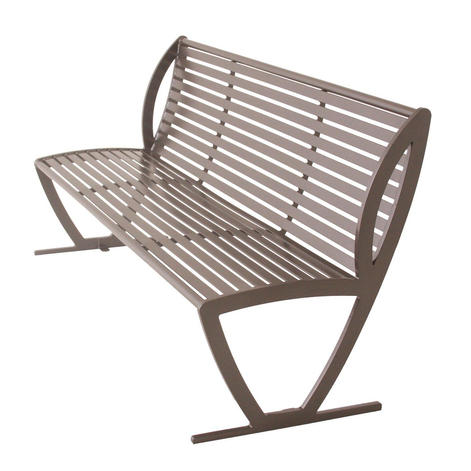 Metal outdoor park bench with slatted seat and backrest, curved armrests, and durable powder-coated finish