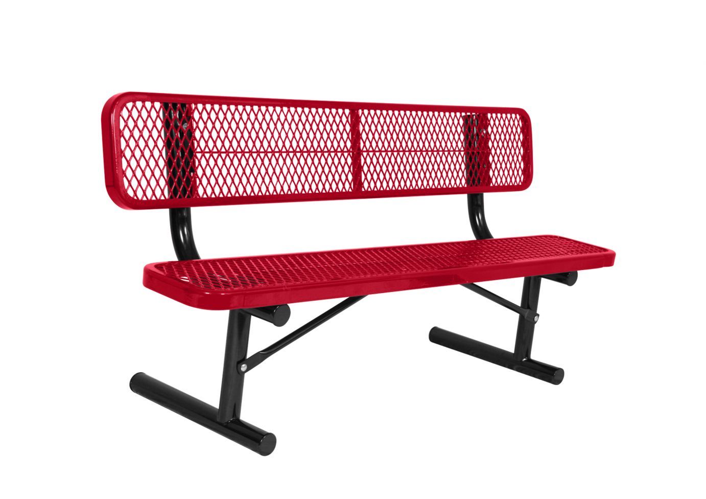 Extra Heavy-Duty Bench with Back featuring red diamond-patterned metal seat and backrest with black welded steel frame
