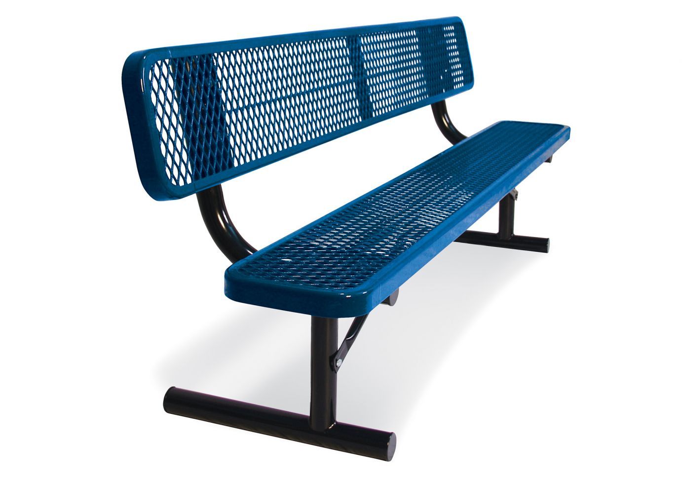 Blue heavy-duty outdoor bench with perforated metal seat and backrest, black tubular steel legs, angled view