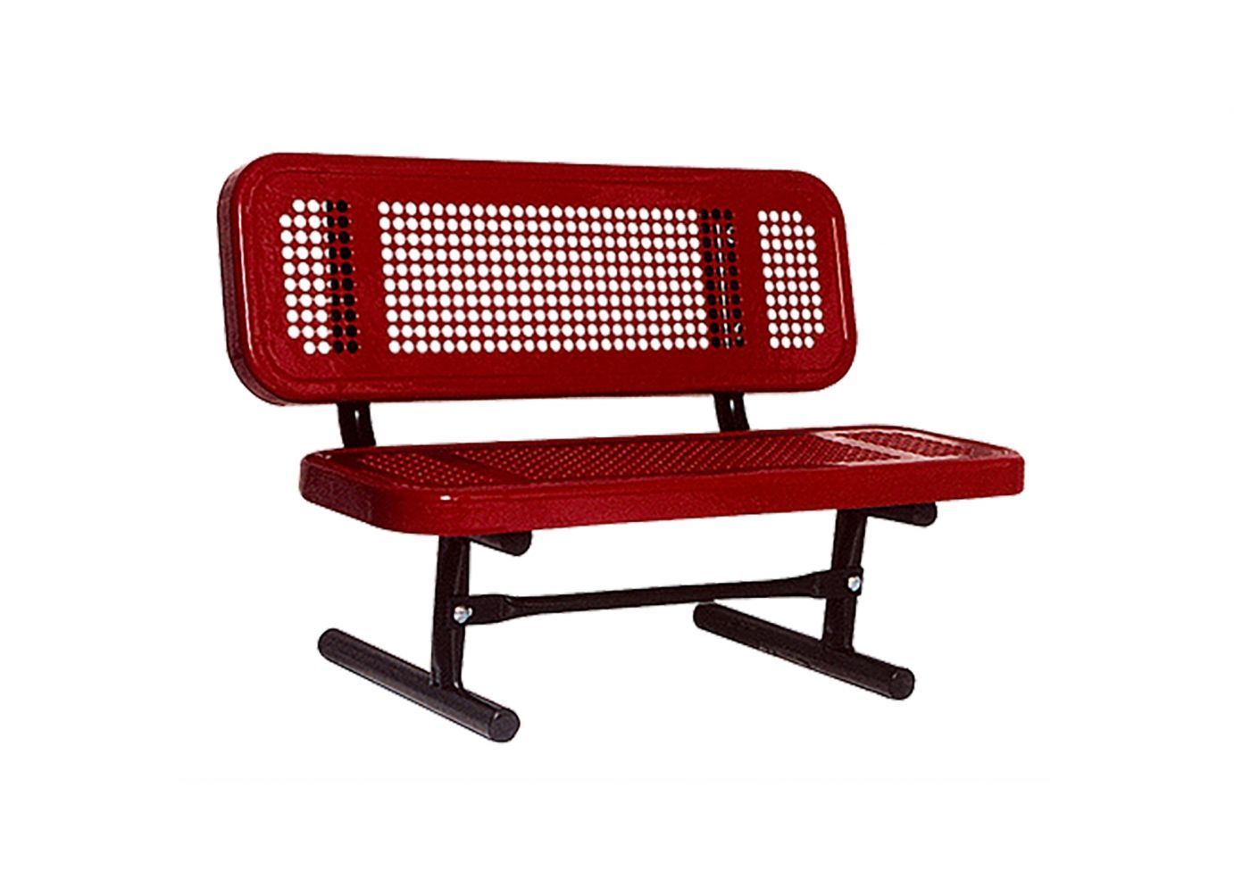 Red perforated metal preschool bench with black powder-coated frame and rounded corners, designed for outdoor use.