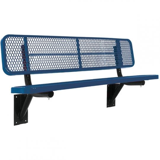 Blue heavy-duty wall-mounted metal bench with diamond-patterned backrest and solid seat