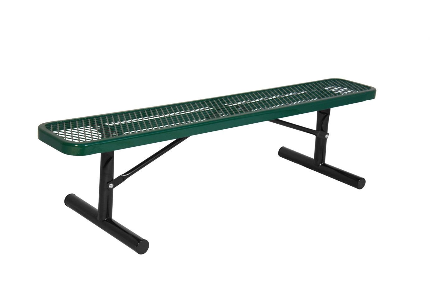 Extra Heavy-Duty Bench without Back with green diamond-patterned metal seat and black tubular steel legs, durable outdoor park seating