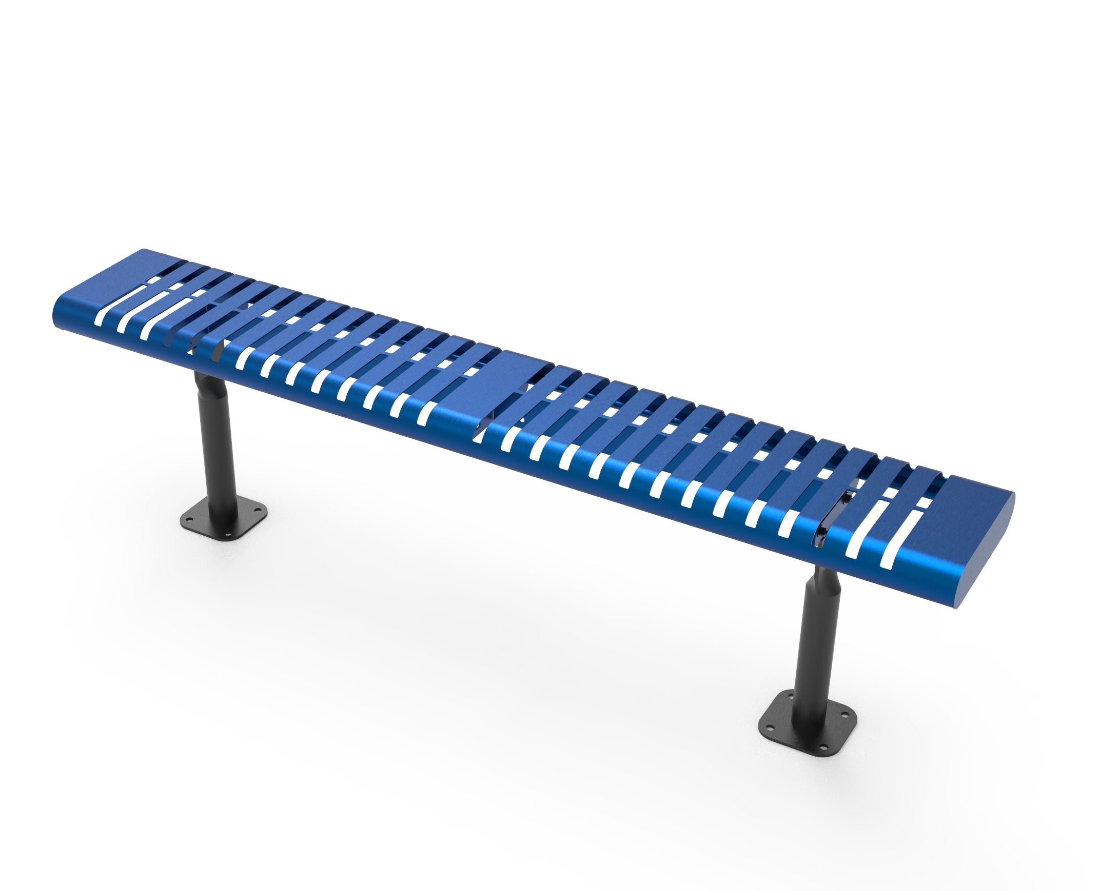 Horizontal Slat Bench without Back in blue with black steel legs, modern outdoor park bench with horizontal slats