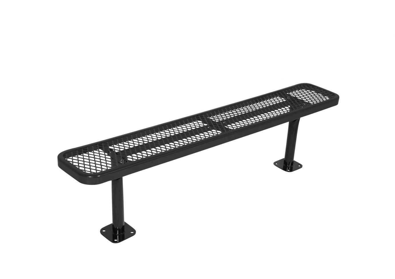 Black heavy-duty outdoor bench without backrest, diamond-patterned metal surface, surface-mounted legs