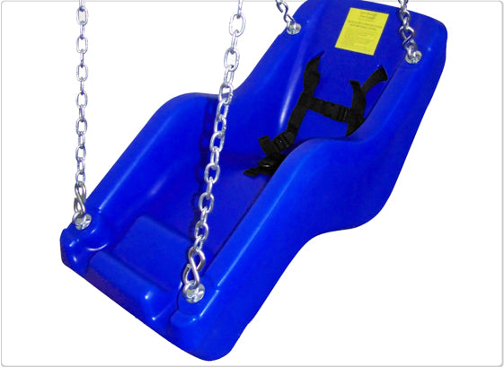 Blue ADA-compliant supportive swing seat with adjustable safety harness, armrests, leg rest, and metal chain suspension