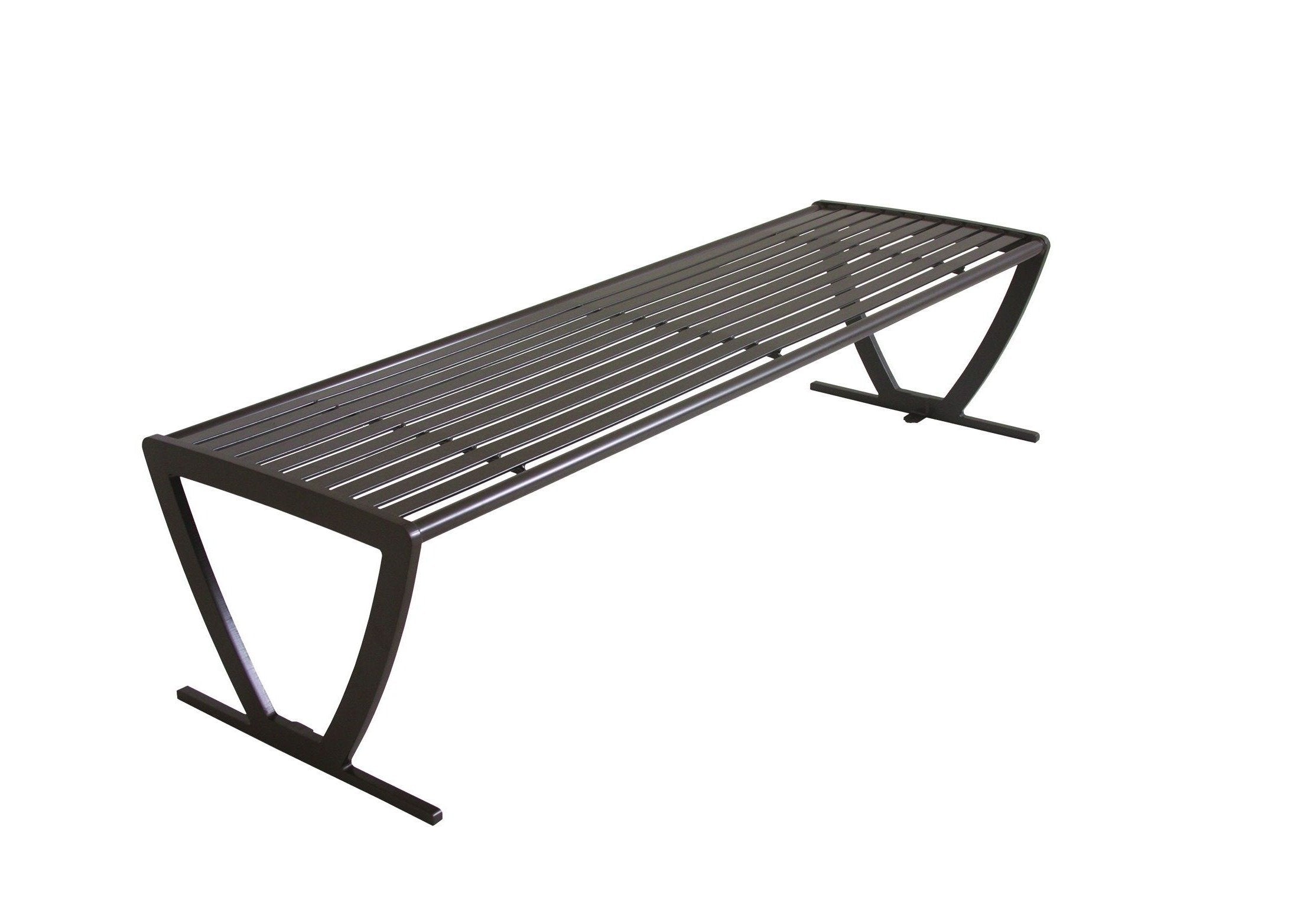 Augusta Bench without Back, sleek black powder-coated metal park bench with armless, slatted design for outdoor spaces
