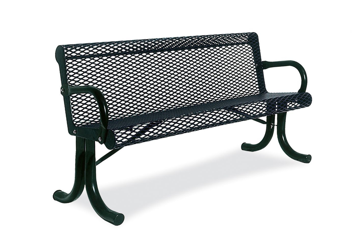 Capri Bench with black welded steel mesh seat and back, curved armrests, tubular legs, surface-mounted for outdoor parks and playgrounds