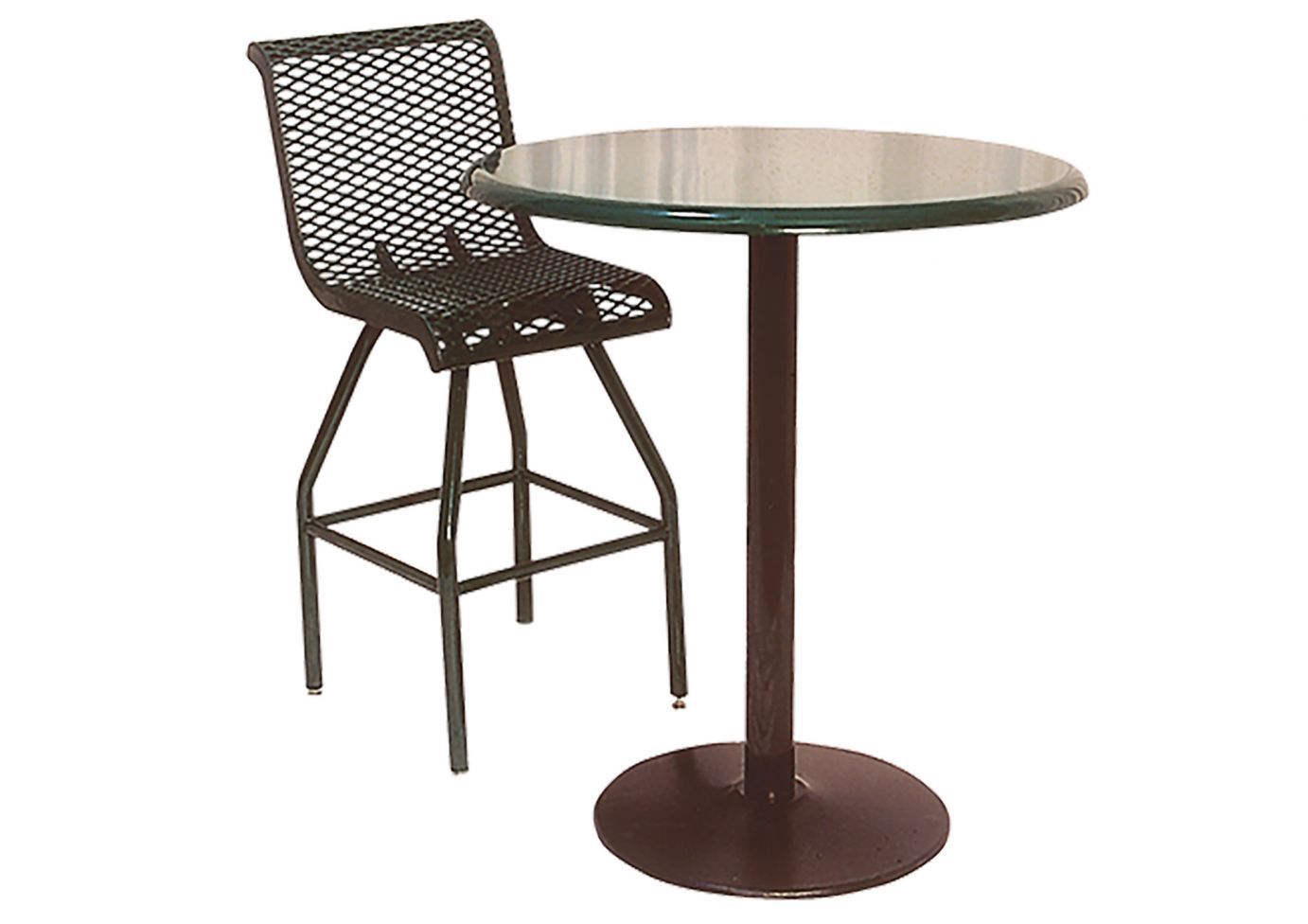 Bar height metal food court chair with contoured mesh seat and back paired with round pedestal table