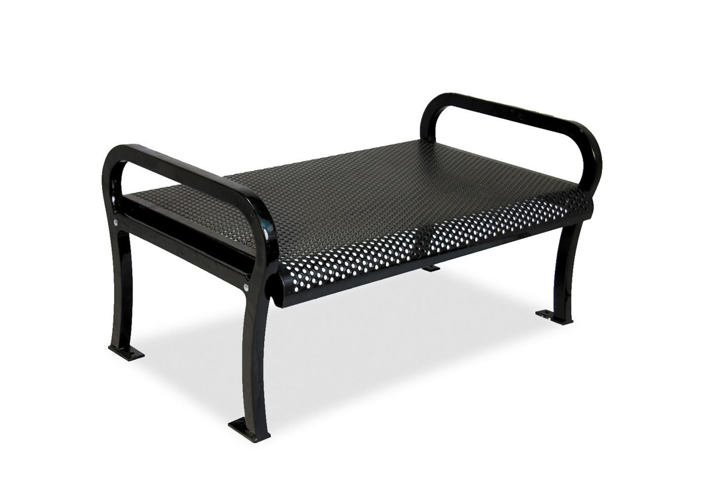 Lexington Bench without Back with black perforated metal seat, curved armrests, cast aluminum frame, durable outdoor park seating