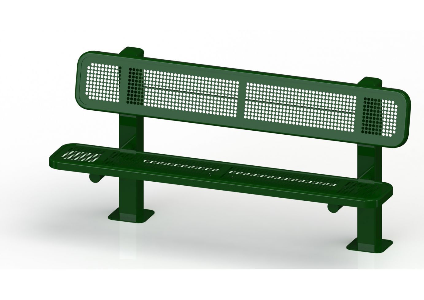 Dark green perforated metal park bench with square bollard legs and backrest, designed for outdoor public spaces.