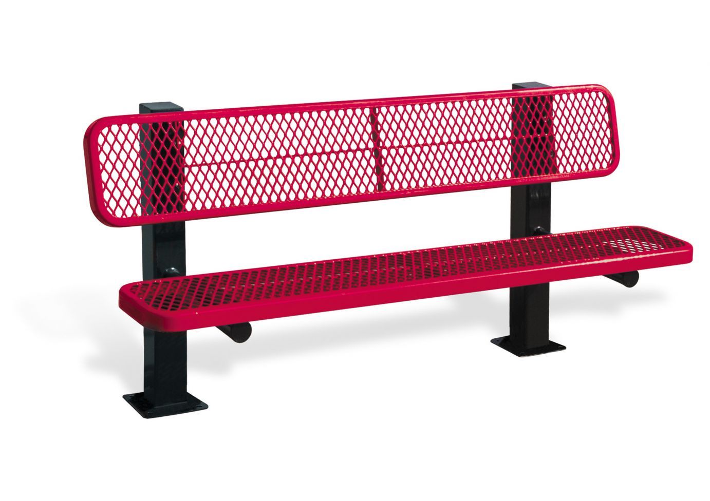 Bollard Bench with red perforated metal seat and backrest, black square post frame, outdoor park seating