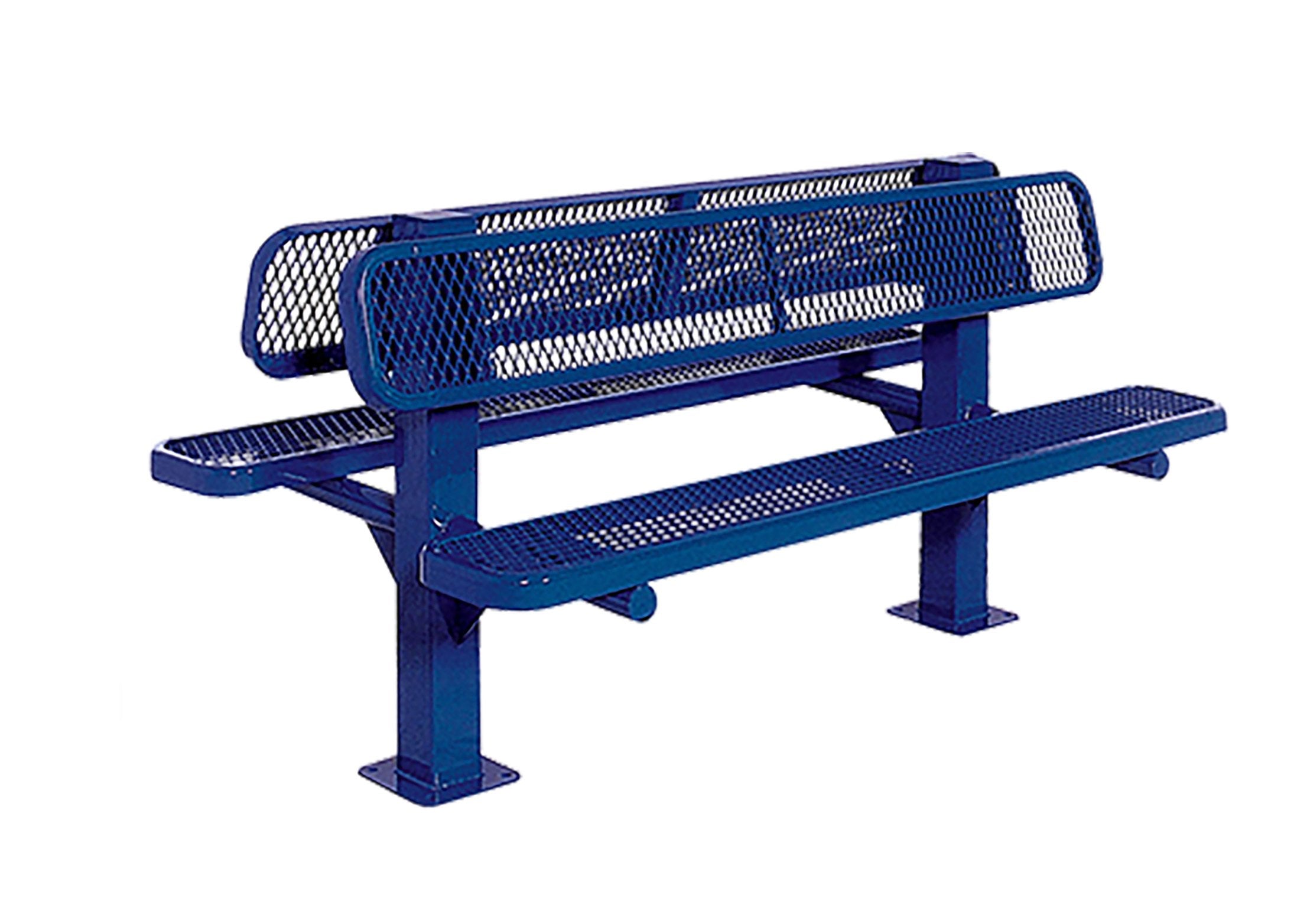 Double Sided Bollard Bench with blue diamond plank metal seats and backrests, sturdy square post frame for outdoor parks and playgrounds