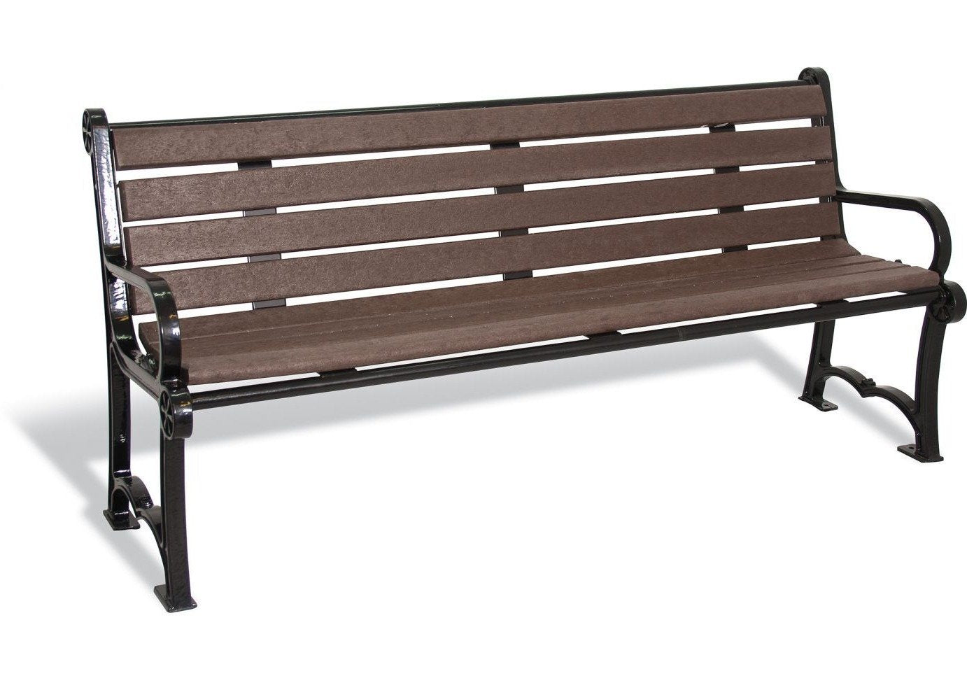 Charleston Recycled Bench with Back featuring brown recycled planks and ornate black aluminum cast frame, outdoor park seating
