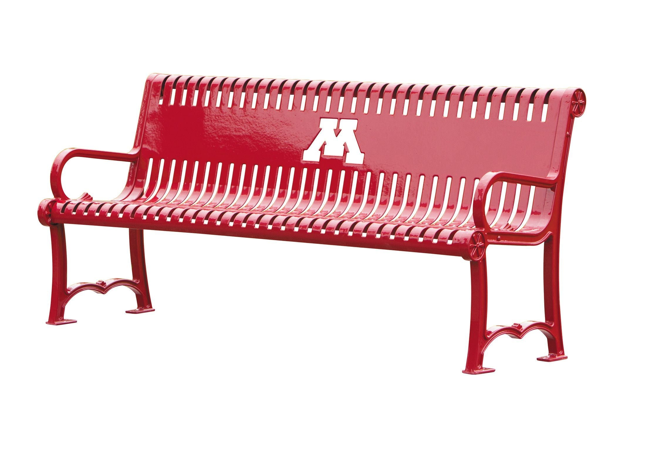 Red metal outdoor bench with curved armrests, slatted seat and backrest, featuring a cutout letter emblem on the backrest.