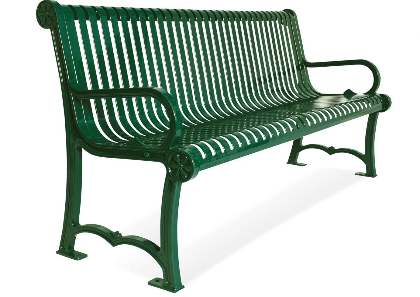 Charleston Bench with Back in dark green steel slat seat and ornate aluminum cast frame, outdoor park seating