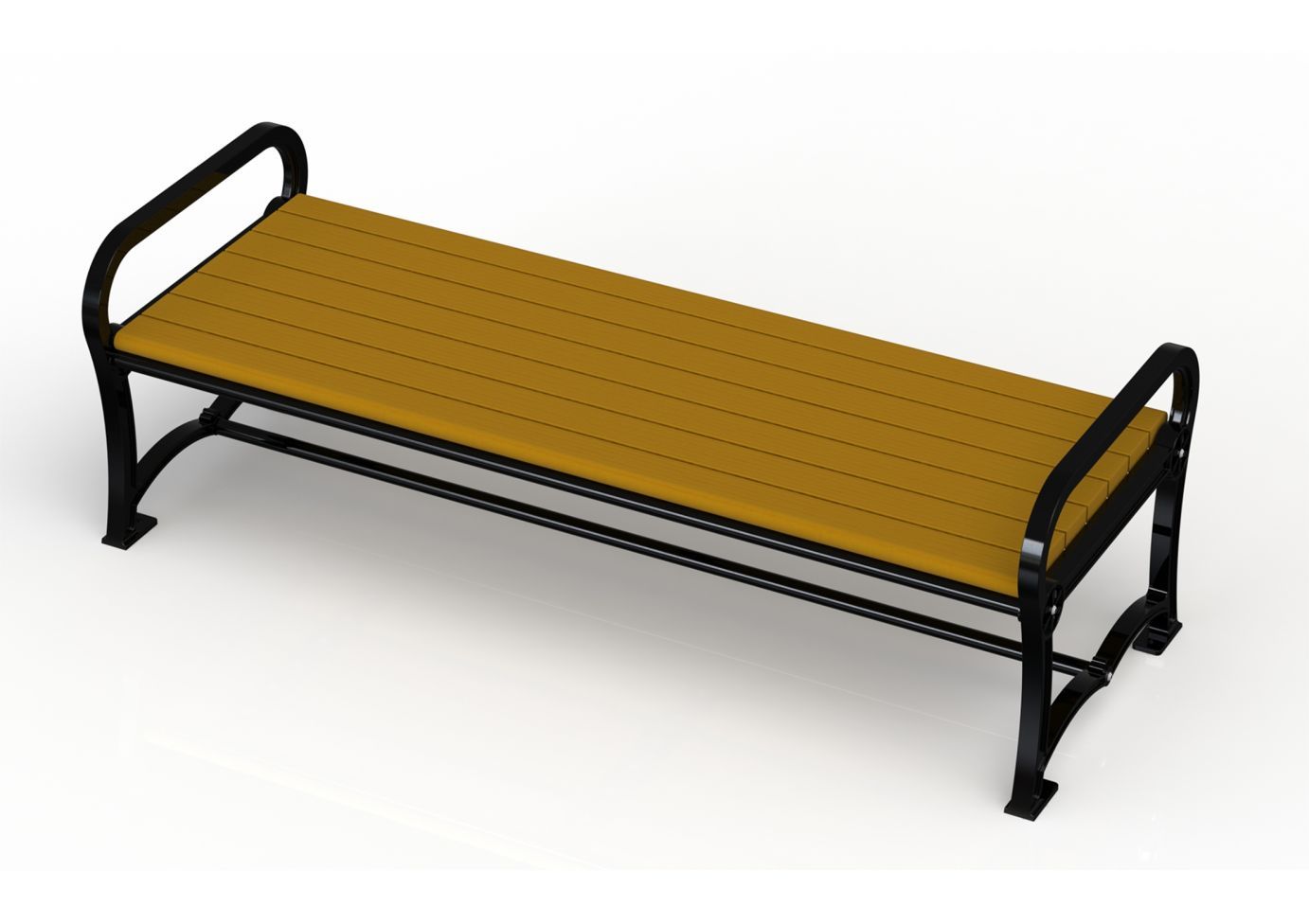 Outdoor bench with golden brown recycled plank seat and ornate black aluminum frame, no backrest