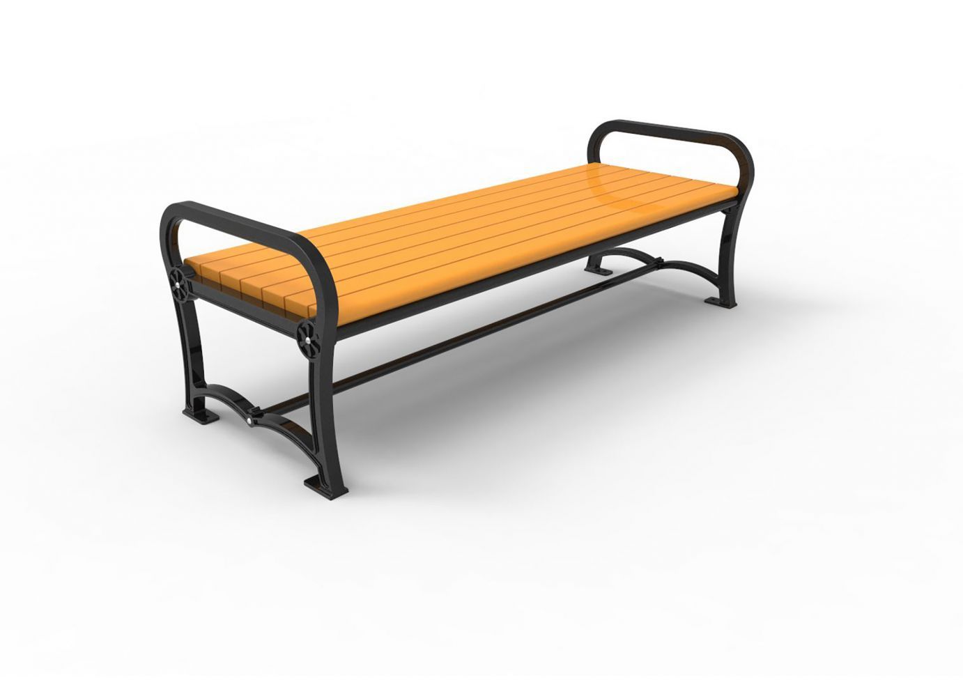 Charleston Recycled Bench without Back with orange recycled plank seat and black ornate aluminum frame, outdoor park seating
