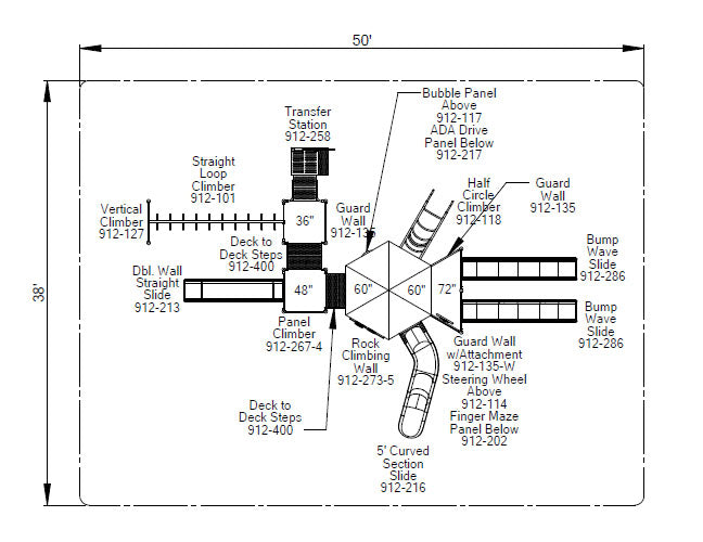 Overhead view of a large hexagonal playground system with multiple slides, climbers, decks, and interactive panels