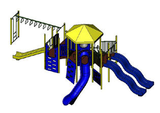 Multi-level playground with yellow hex roof, blue double wave and tube slides, climbing walls, monkey bars, and multiple decks