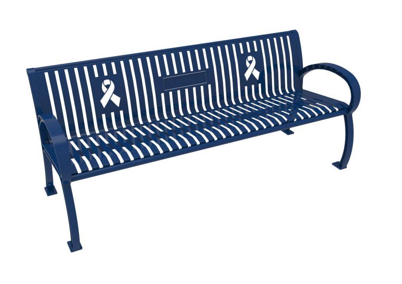 Wilmington Awareness Vertical Slat Bench in blue with curved armrests, two awareness ribbons, and central dedication plaque