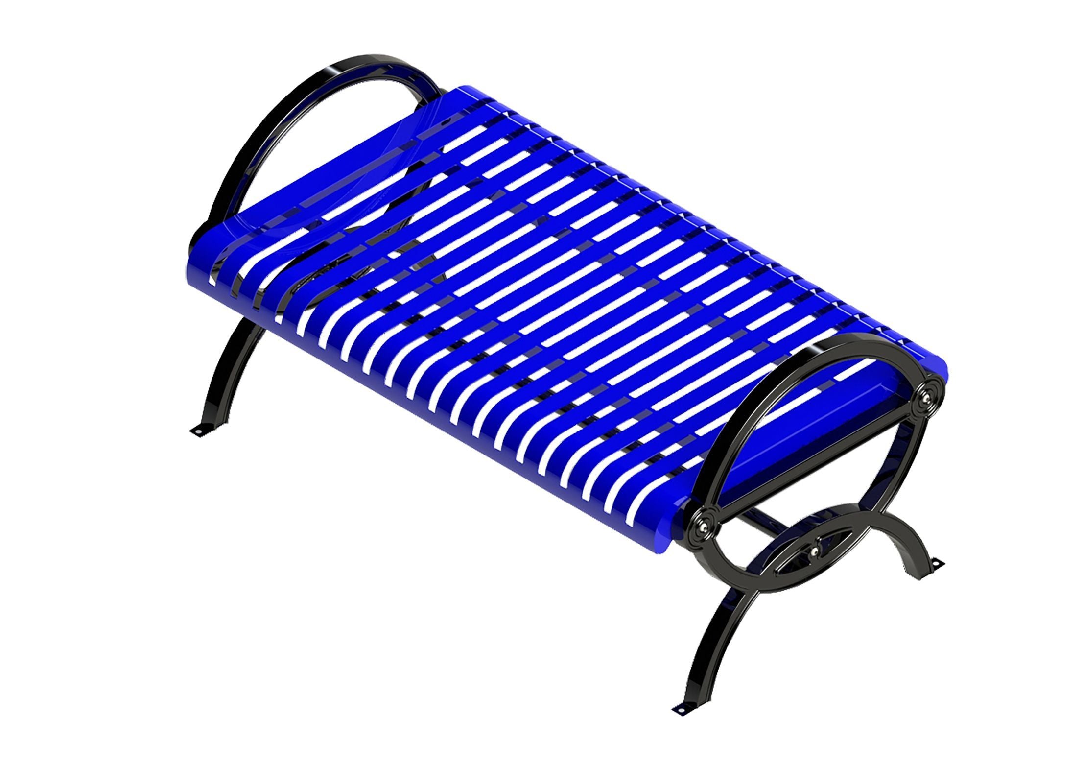 Blue metal outdoor bench without backrest, black cast aluminum frame with curved legs, angled view