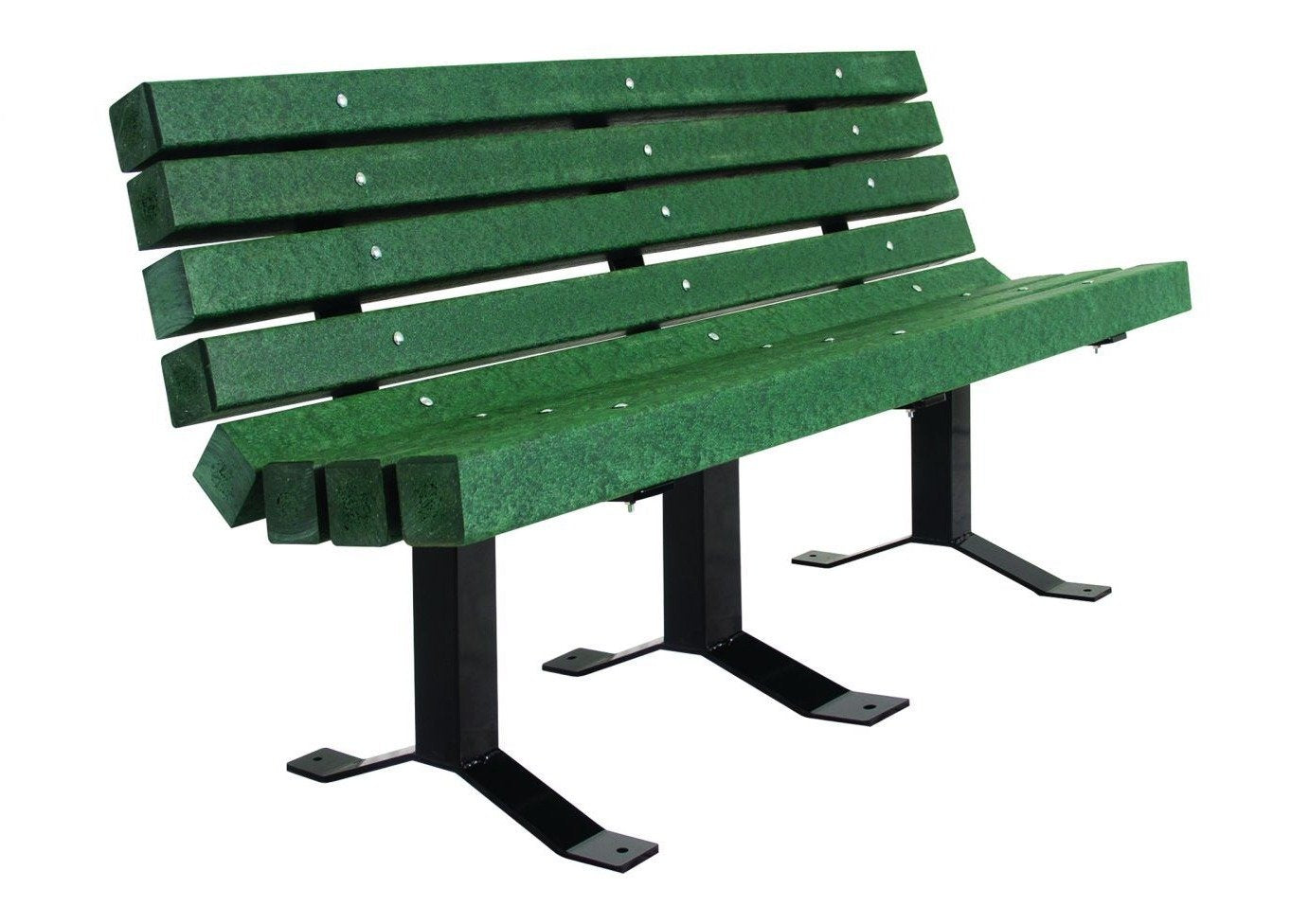 Recycled Bench with Back featuring green recycled plastic planks and black metal frame, outdoor park seating