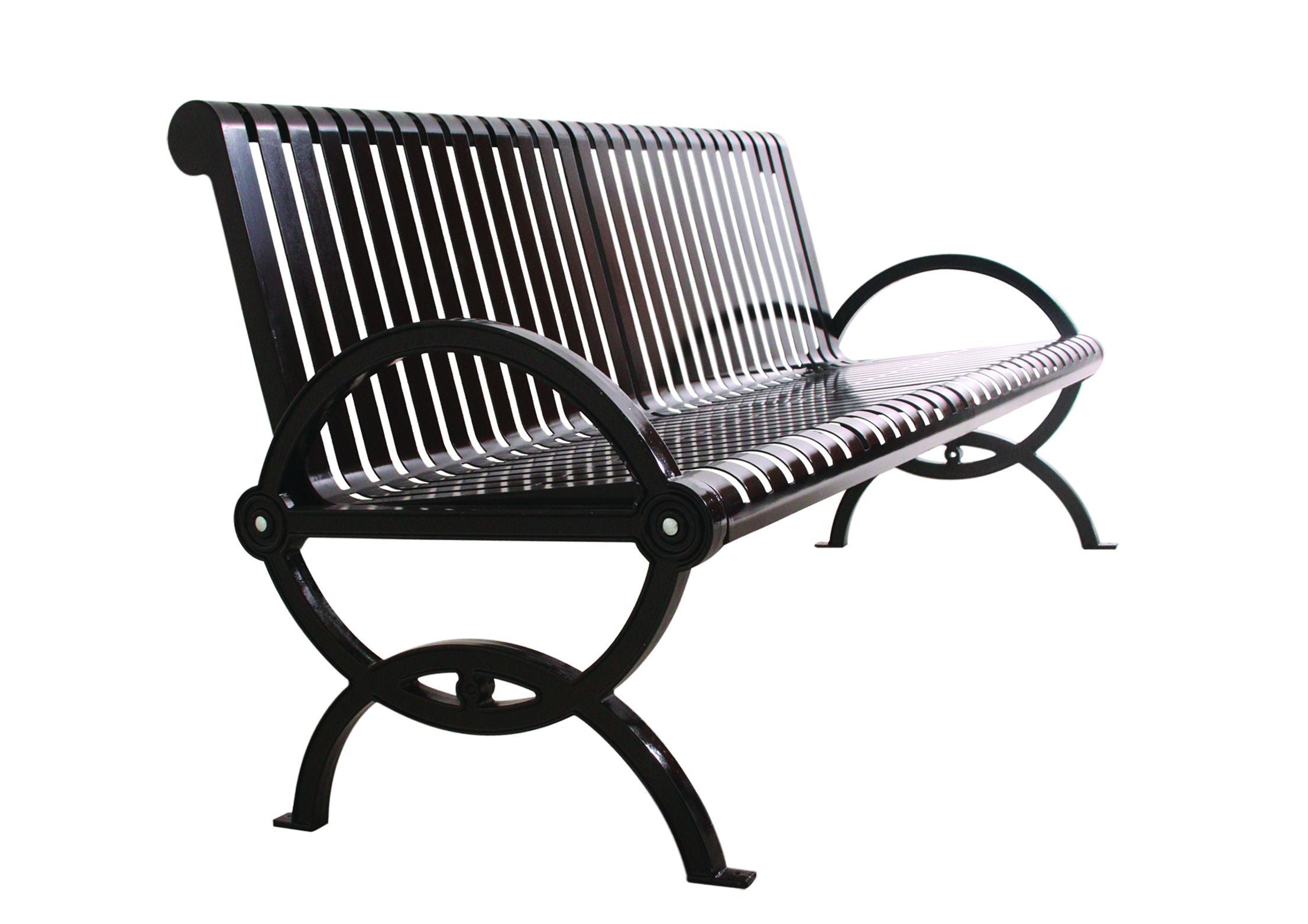 Black metal outdoor bench with vertical slats, curved armrests, and circular cast aluminum legs