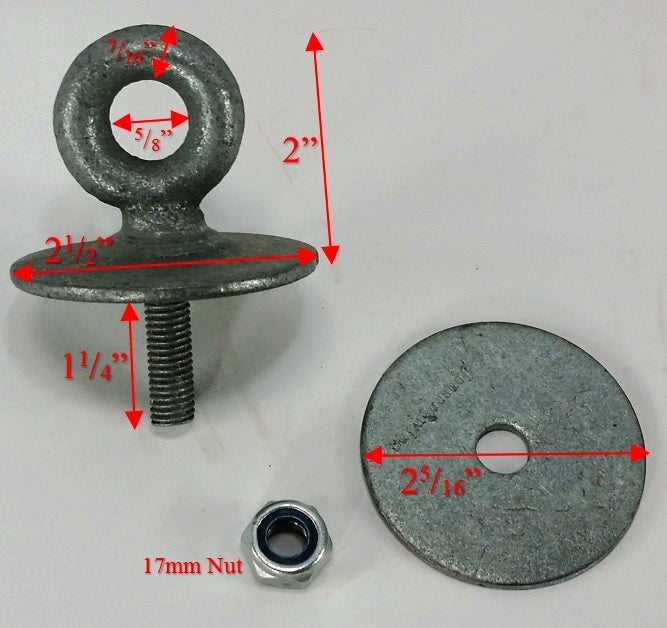 Metal tire eye bolt with threaded shaft, large washer, and lock nut for secure swing set chain attachment