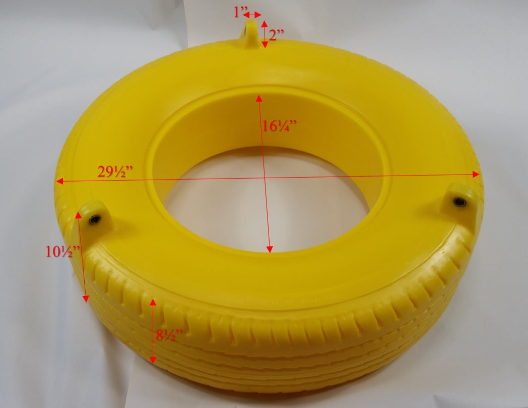 Bright yellow polypropylene tire swing with textured tread and built-in eye bolts, shown from an angled top view.