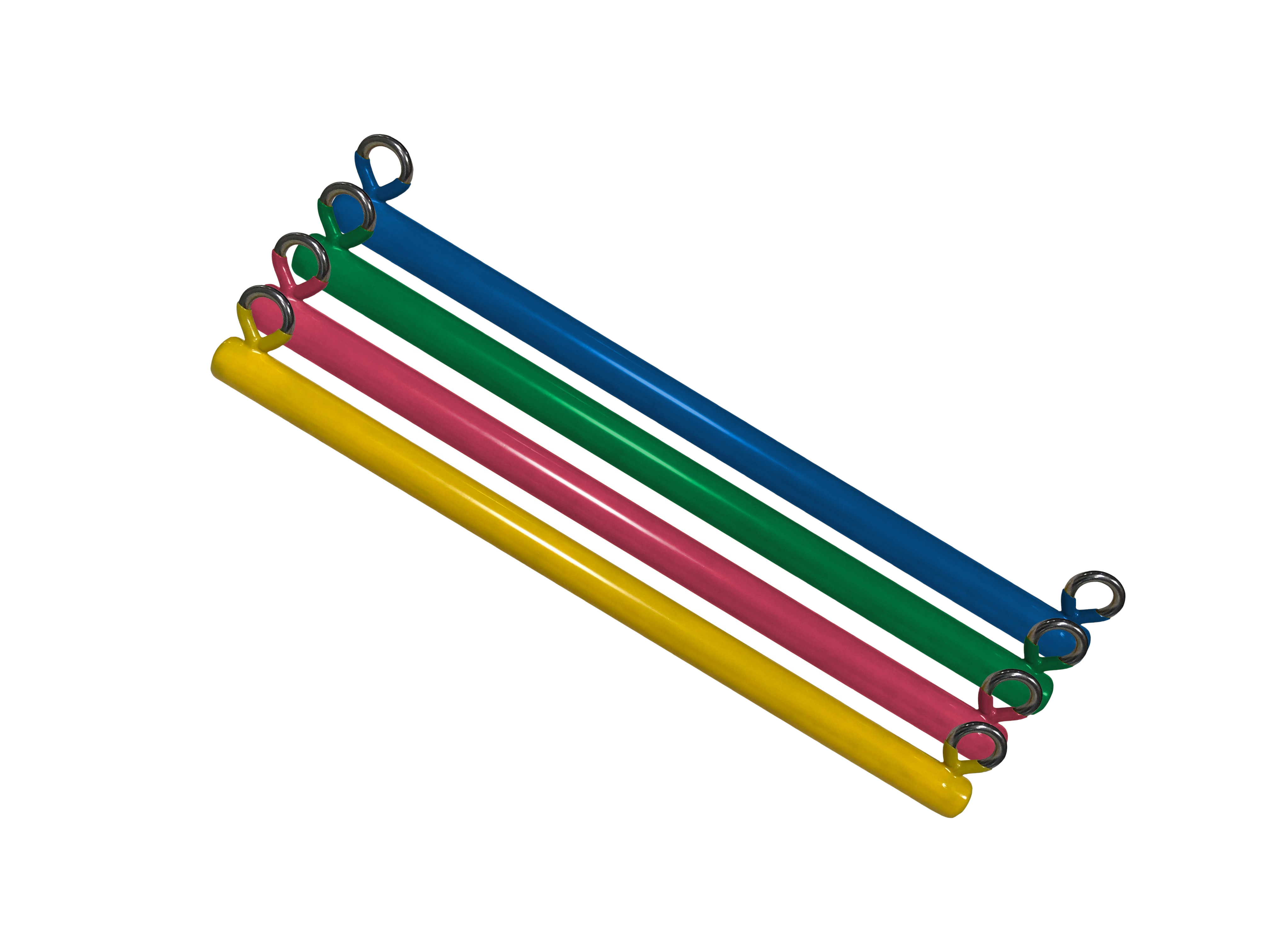 Plastisol Coated Trapeze Bar with bright yellow, pink, green, and blue non-slip hand grips for swing sets
