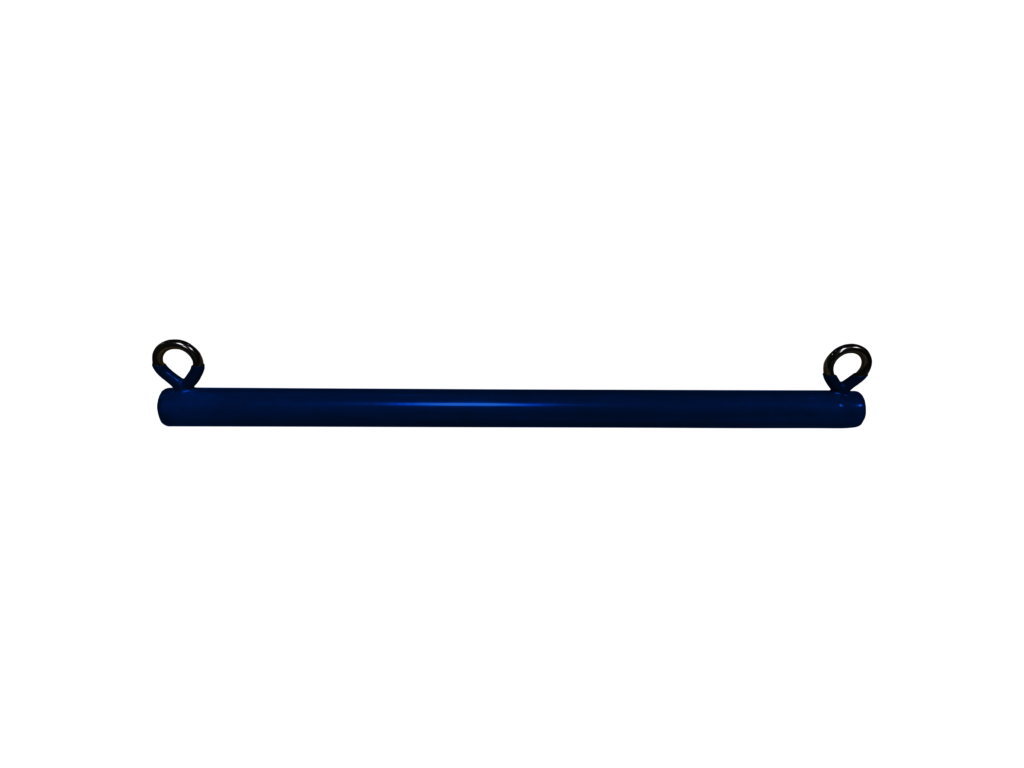 Overhead view of blue plastisol-coated metal trapeze bar with non-slip grips and attachment loops for swing sets