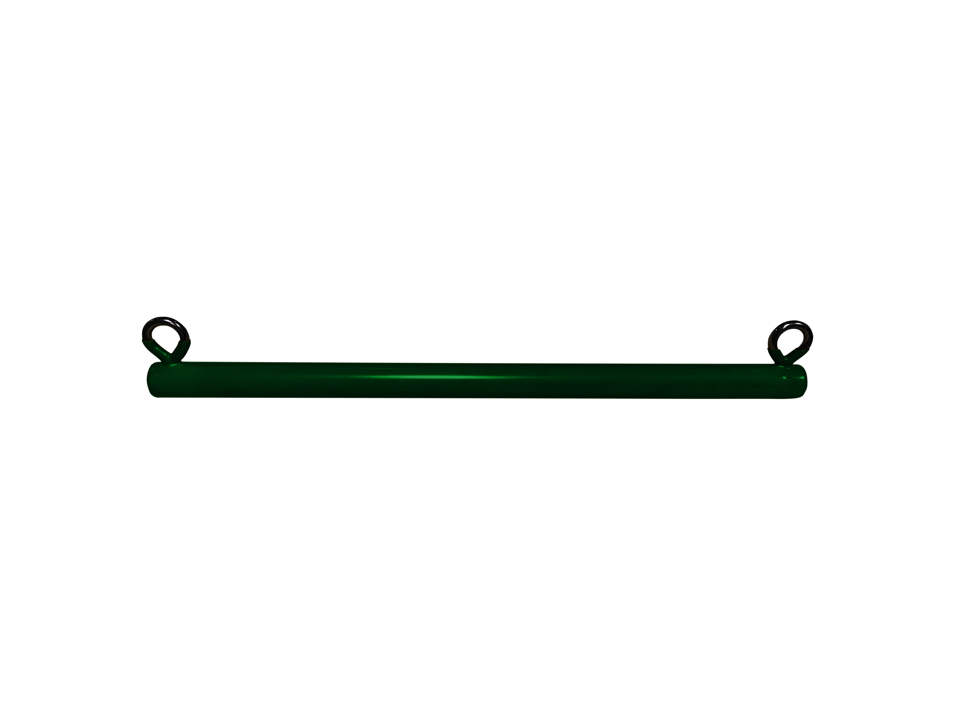 Green plastisol-coated metal trapeze bar with metal loops on each end for swing set accessories