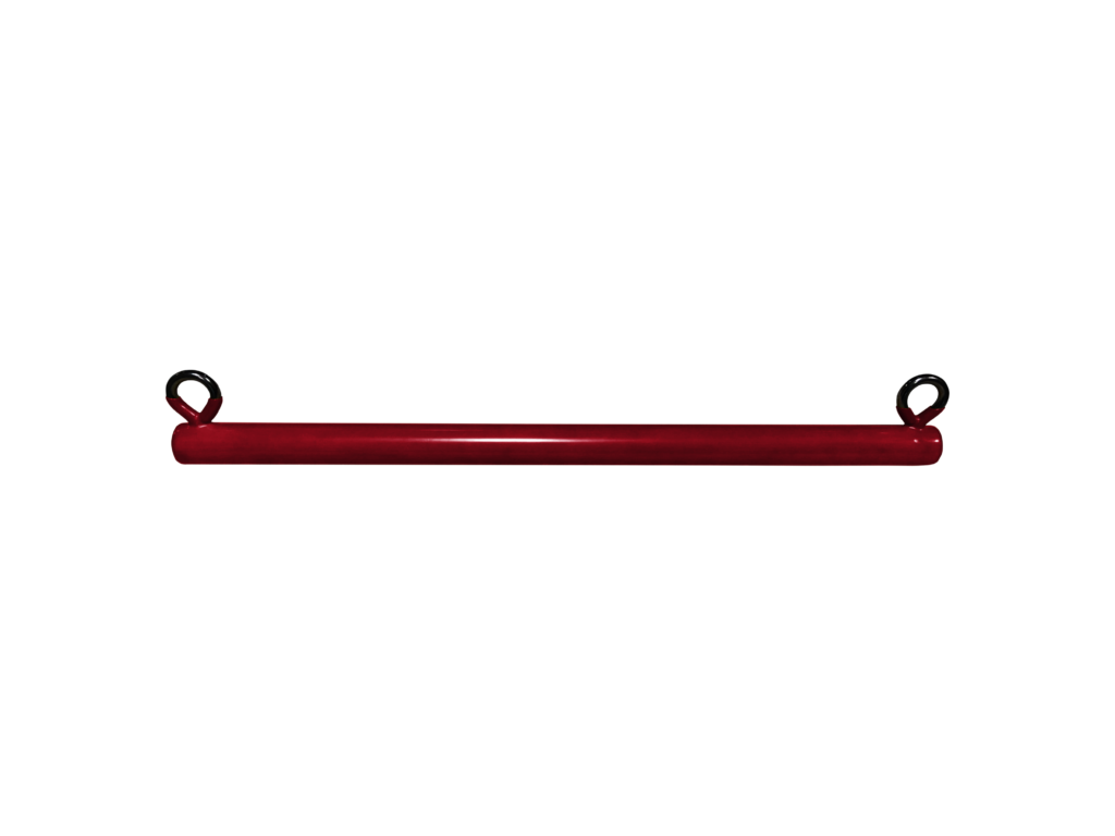 Red plastisol-coated metal trapeze bar with black attachment loops and non-slip grips for swing sets