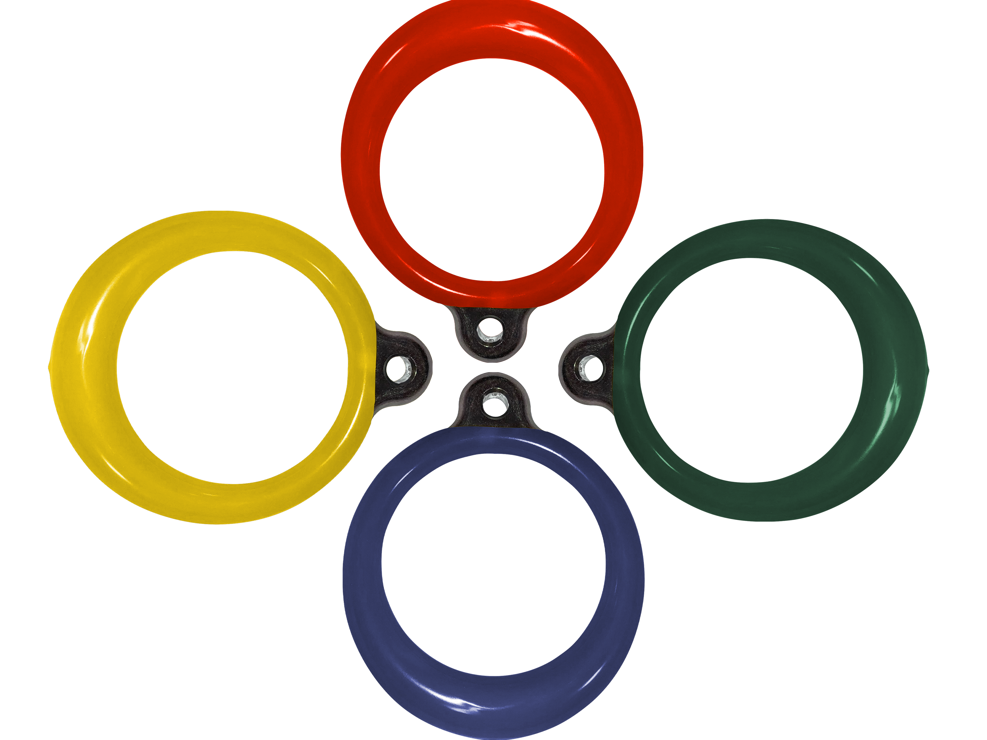 Overhead view of four plastisol-coated aluminum rings in red, yellow, green, and blue with metal attachment points