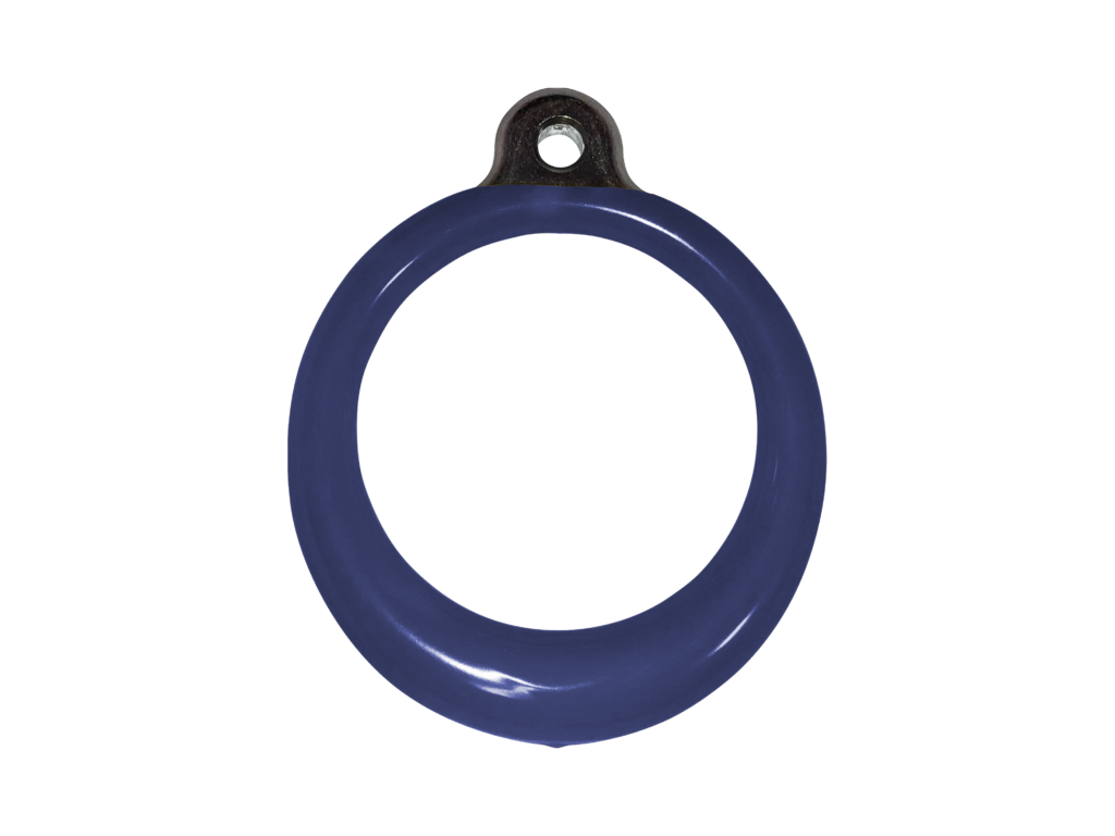 Overhead view of a blue plastisol-coated aluminum ring with non-slip grip and metal attachment hole