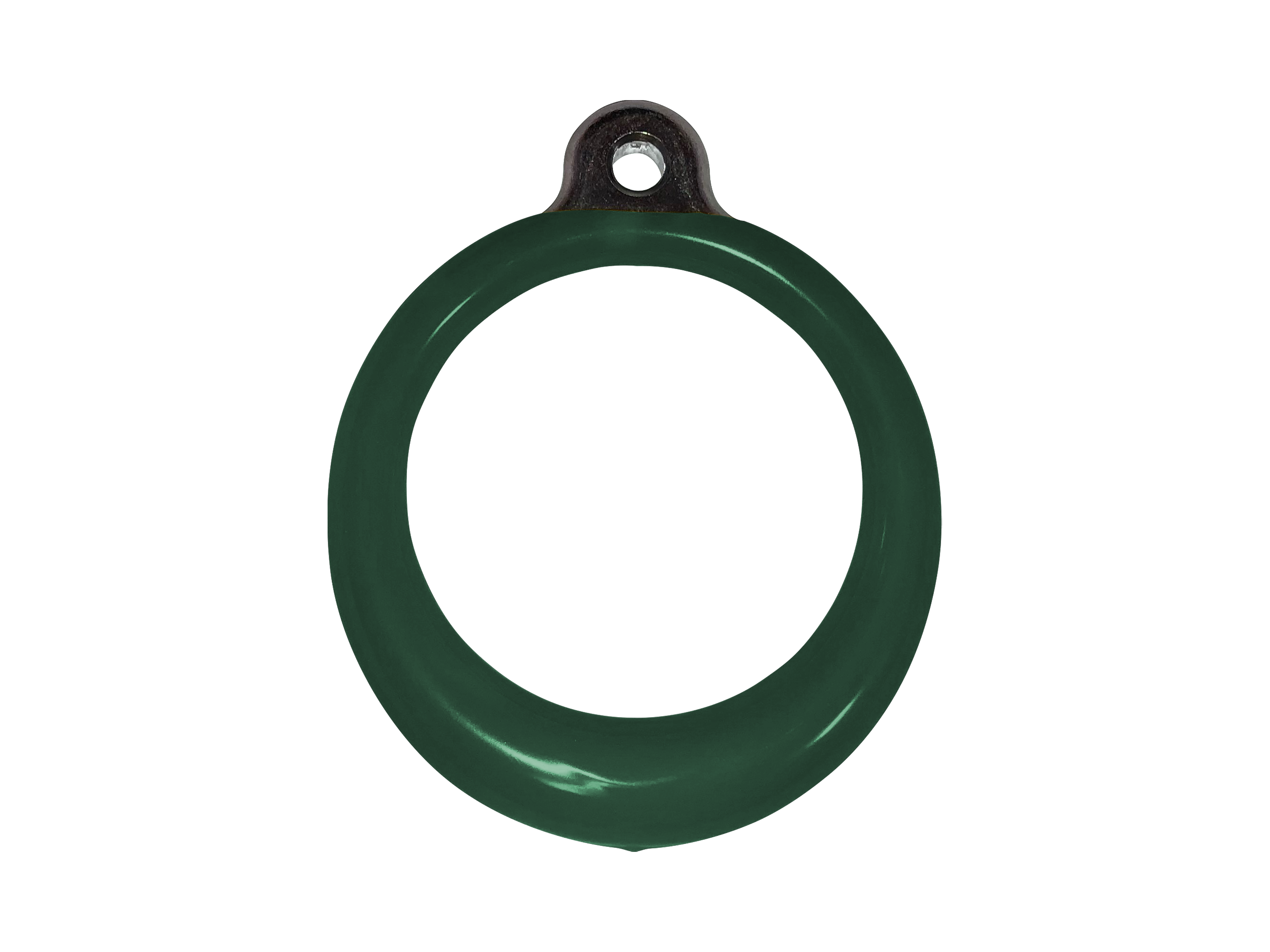 Overhead view of green plastisol-coated aluminum ring with non-slip grip and metal attachment hole