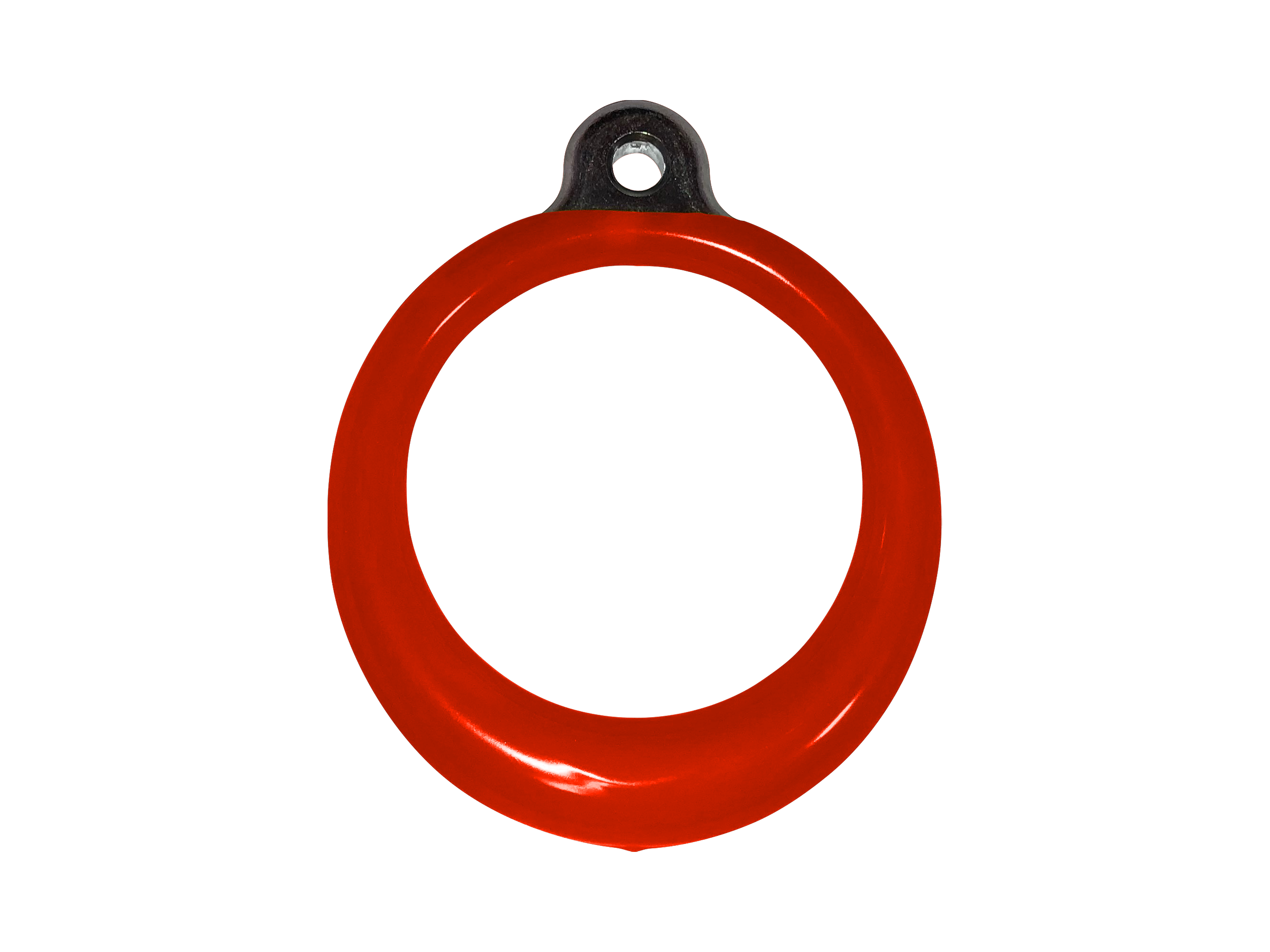 Bright red plastisol-coated aluminum ring with black attachment loop for swing set hand grips