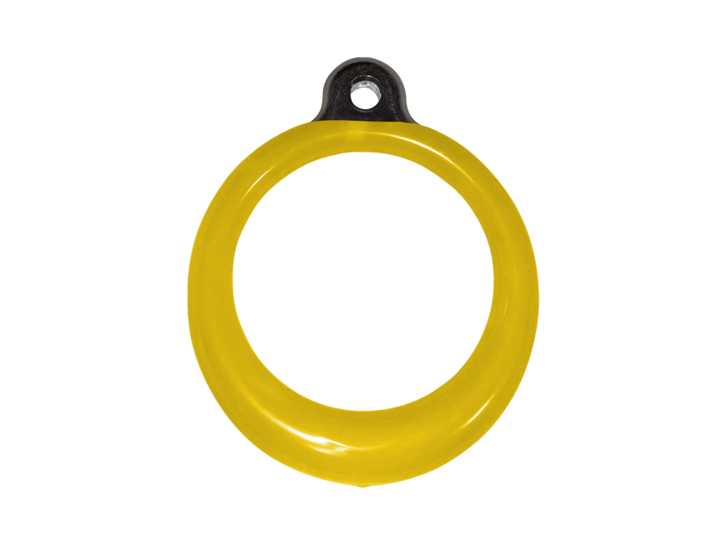Overhead view of bright yellow plastisol-coated aluminum ring with black attachment loop and non-slip grip for swing sets