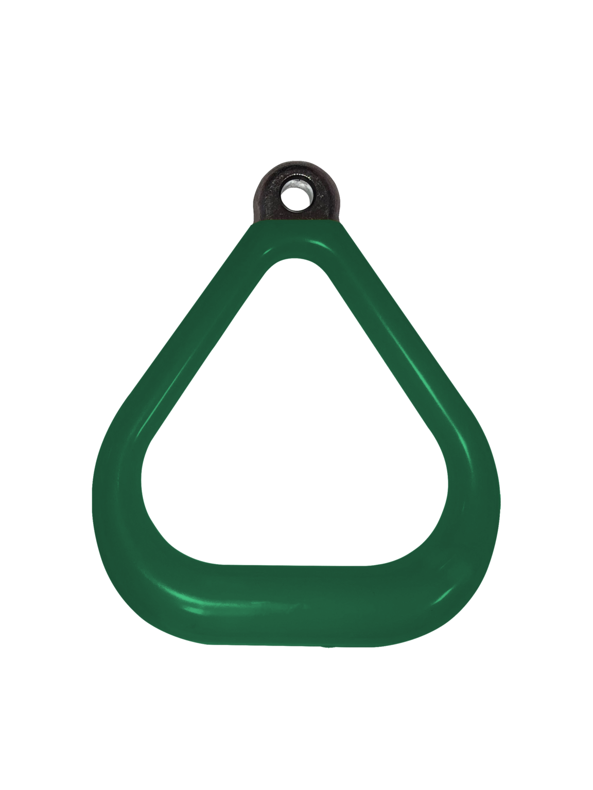 Green plastisol-coated triangular swing set accessory with textured non-slip grip and metal attachment hole