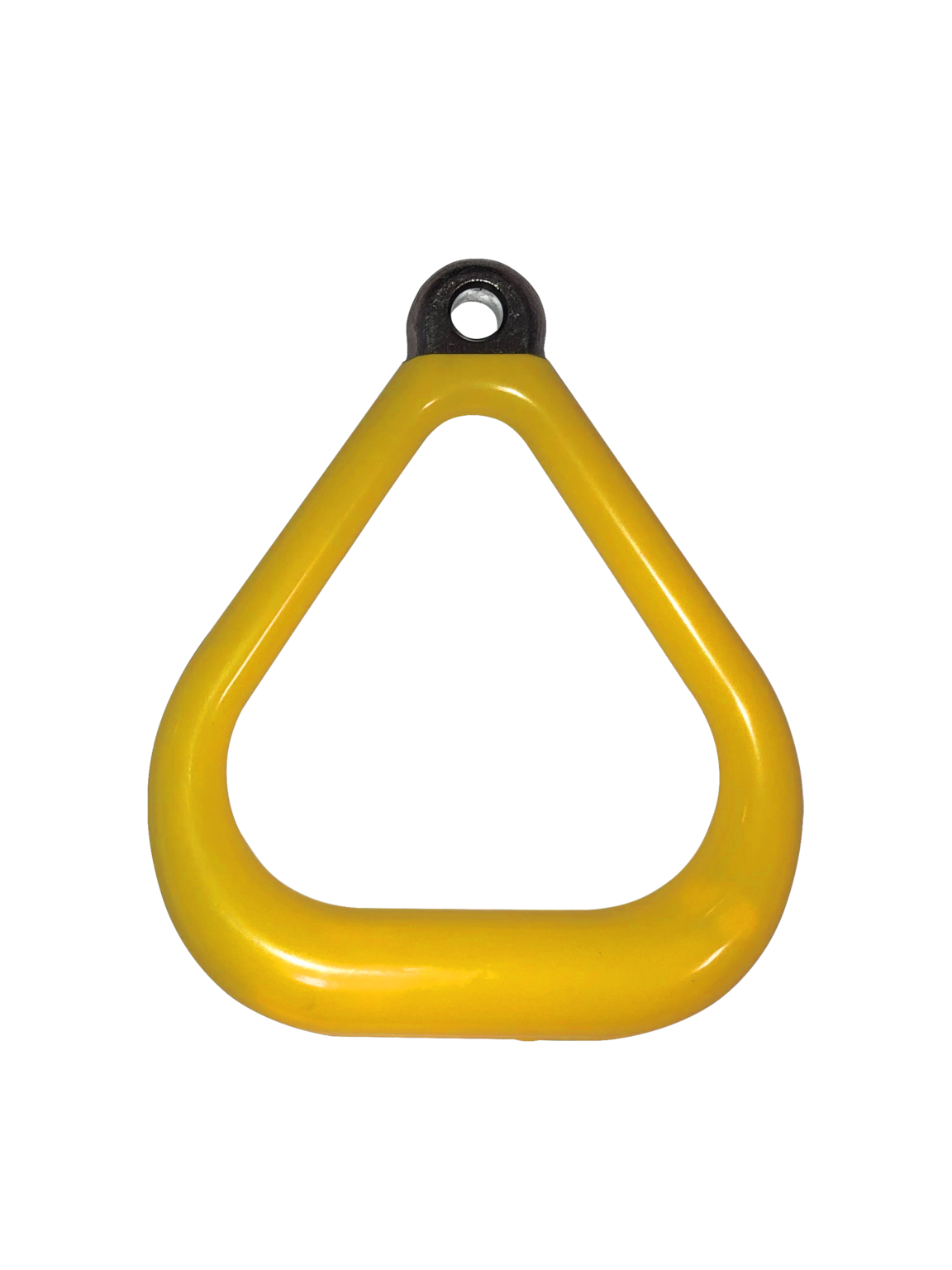 Overhead view of yellow plastisol-coated triangular swing set accessory with non-slip grip and metal attachment loop