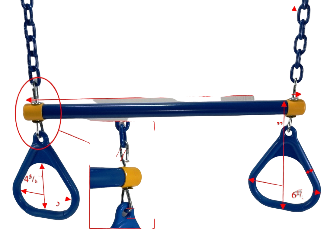 Blue powder-coated trapeze bar with yellow end caps, blue plastic triangular rings, and hanging blue chains