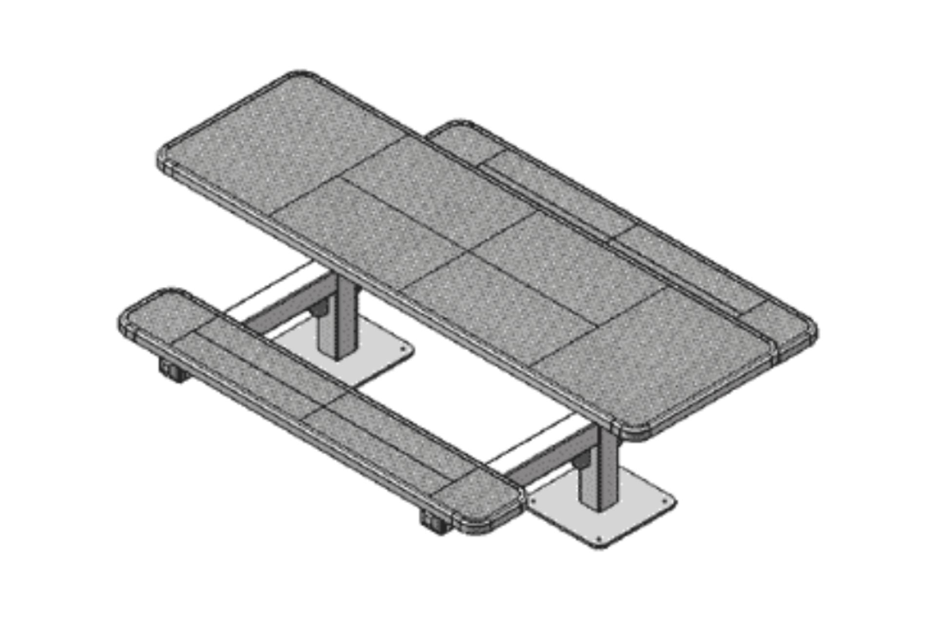 Outdoor dual pedestal picnic table with thermoplastic coated planks, powder-coated frame, accessible from both ends