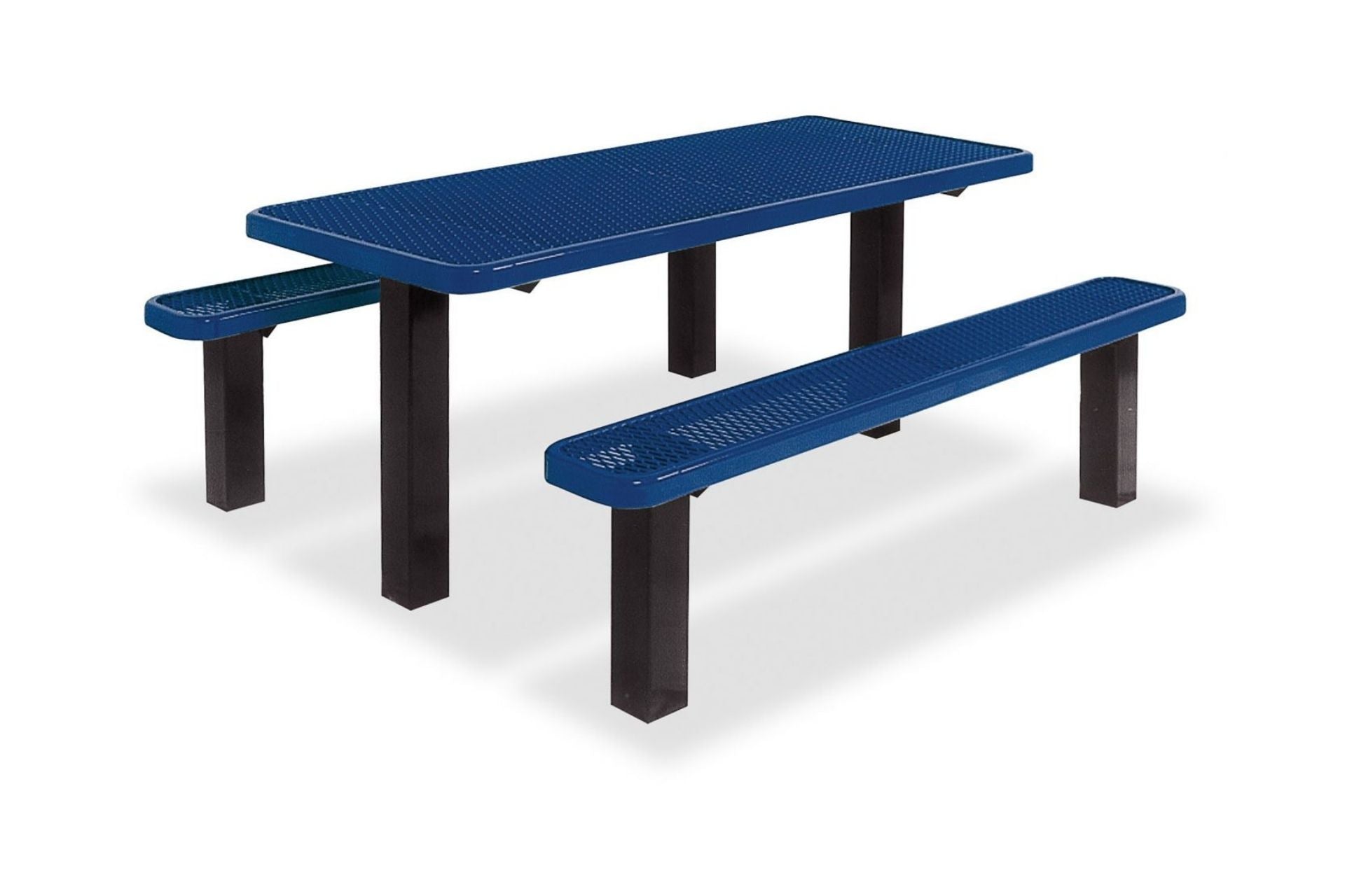ADA Multi Pedestal Picnic Table with blue perforated metal top and benches, black sturdy pedestals, accessible walk-through design